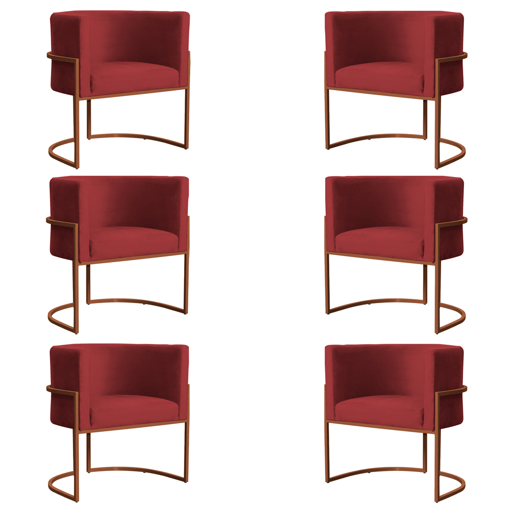 Kit 6 Poltronas Decorativa Luana Base Bronze Veludo Vermelho - Montanaris Decor