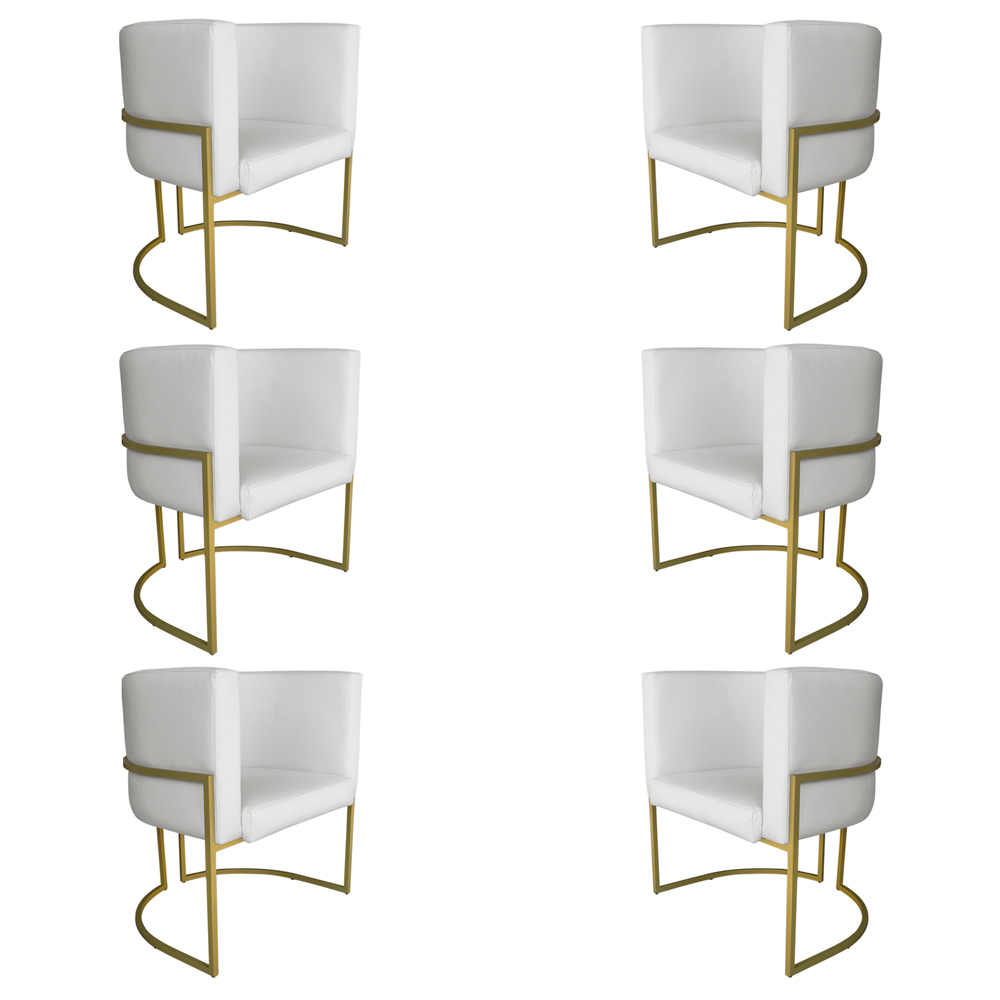 Kit 6 Poltronas Decorativa Luana Base Gold PU Branco - Montanaris Decor