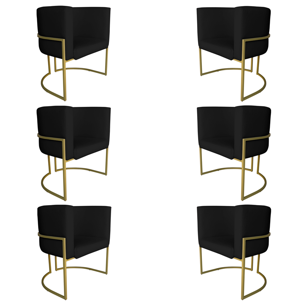 Kit 6 Poltronas Decorativa Luana Base Gold PU Preto - Montanaris Decor