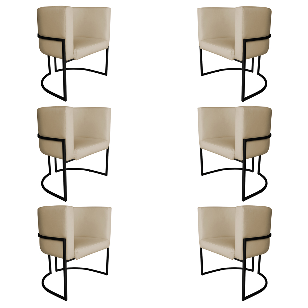 Kit 6 Poltronas Decorativa Luana Base Preta PU Bege - Montanaris Decor