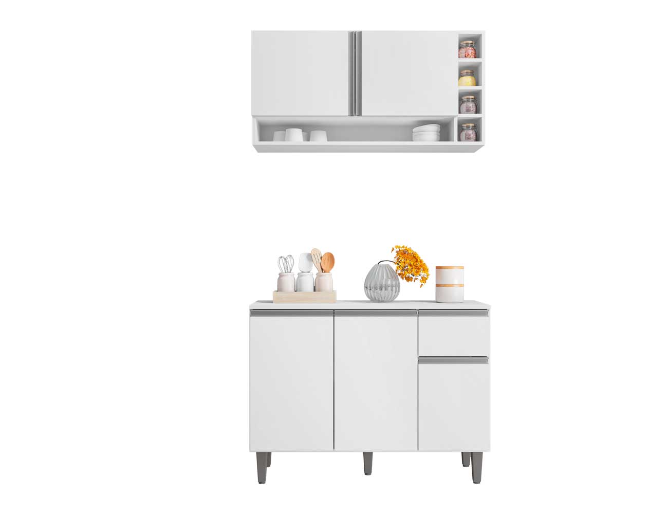 Kit Armario de Cozinha e Balcão Vanessa  de 1,00cm C/ Tampo Branco - Montanaris Decor