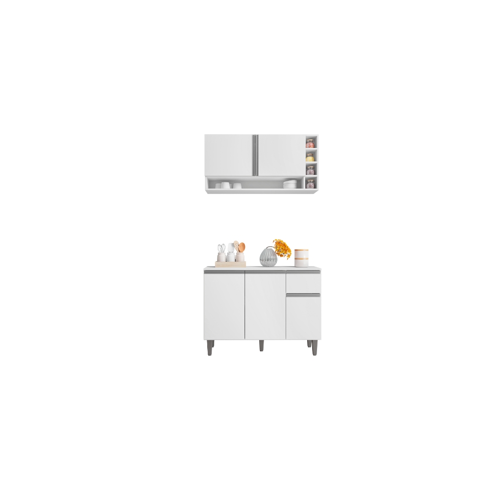 Kit Armario de Cozinha e Balcão Vanessa  de 1,00cm C/ Tampo Branco - Montanaris Decor