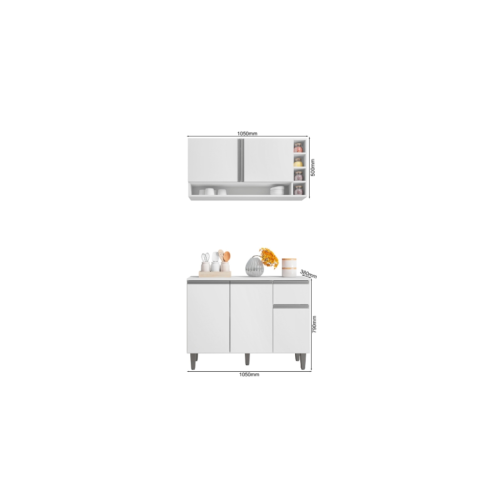 Kit Armario de Cozinha e Balcão Vanessa  de 1,00cm C/ Tampo Branco - Montanaris Decor