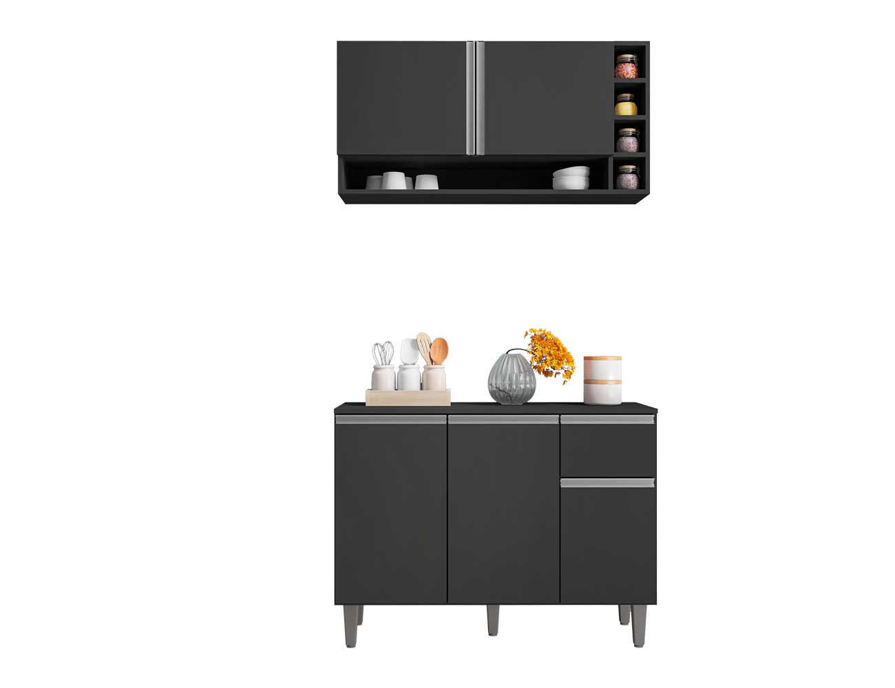 Kit Armario de Cozinha e Balcão Vanessa  de 1,00cm C/ Tampo Cinza - Montanaris Decor