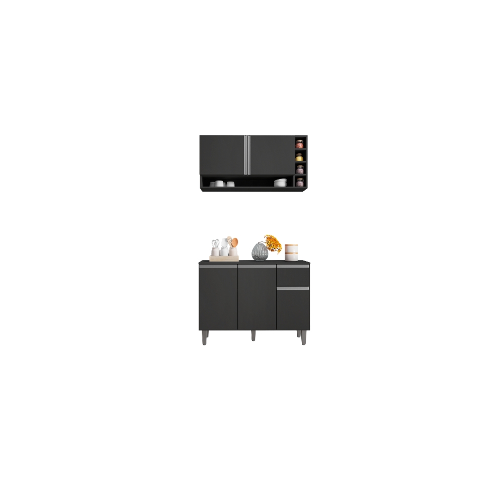 Kit Armario de Cozinha e Balcão Vanessa  de 1,00cm C/ Tampo Cinza - Montanaris Decor