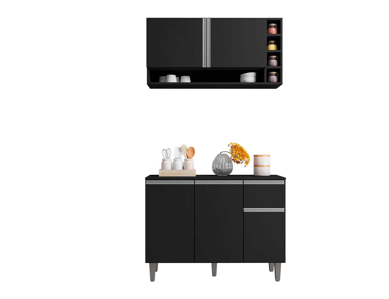 Kit Armario de Cozinha e Balcão Vanessa  de 1,00cm C/ Tampo Preto - Montanaris Decor