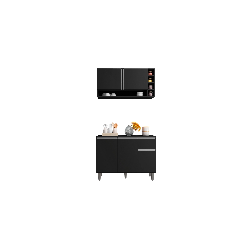 Kit Armario de Cozinha e Balcão Vanessa  de 1,00cm C/ Tampo Preto - Montanaris Decor