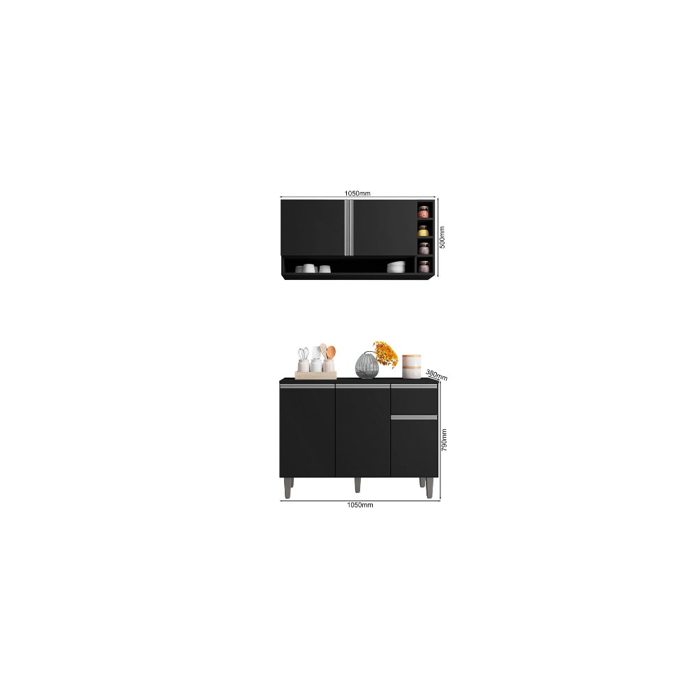 Kit Armario de Cozinha e Balcão Vanessa  de 1,00cm C/ Tampo Preto - Montanaris Decor