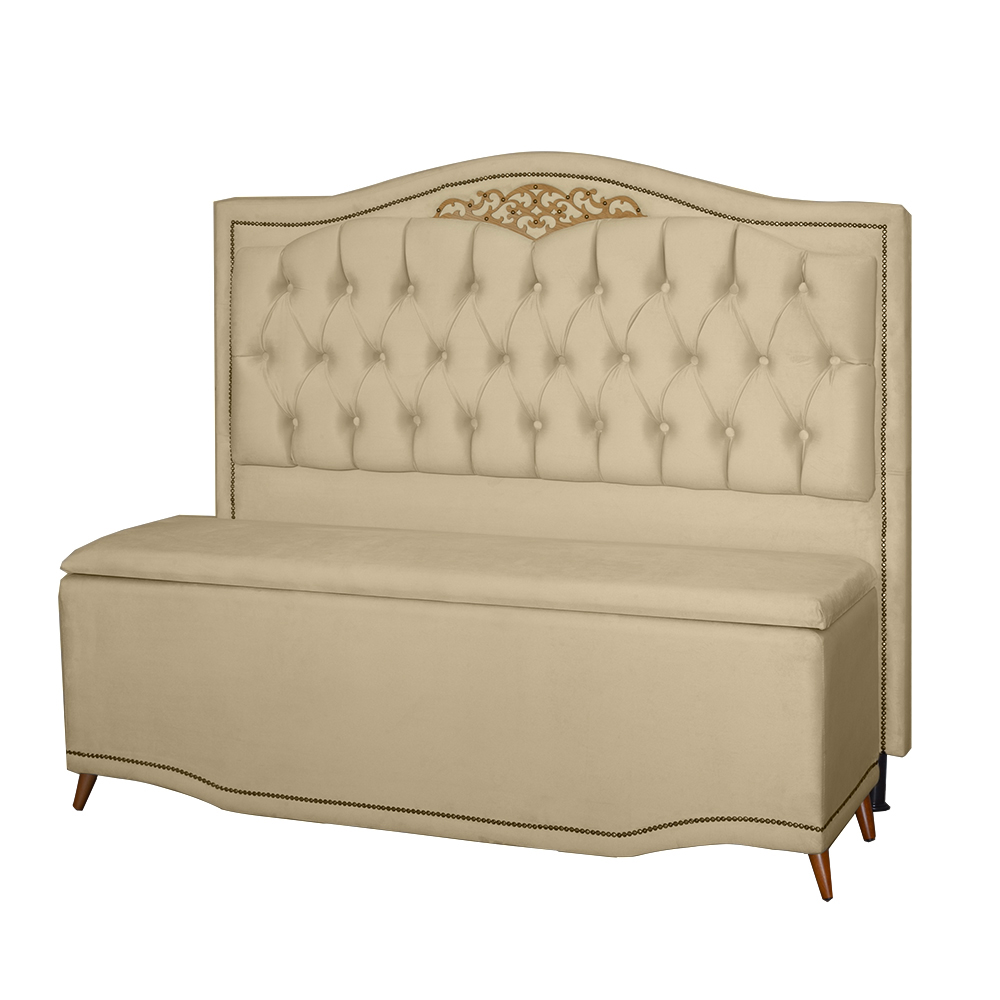 Kit Cabeceira e Calçadeira Baú Maitê Casal 140cm Veludo Bege - Montanaris Decor