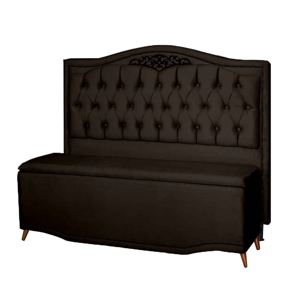 Kit Cabeceira e Calçadeira Baú Maitê Casal King 195cm Veludo Marrom - Montanaris Decor
