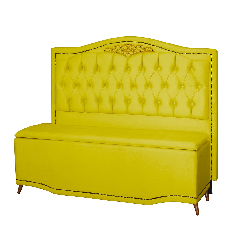 Kit Cabeceira e Calçadeira Baú Maitê Casal Queen 160cm Veludo Amarelo - Montanaris Decor