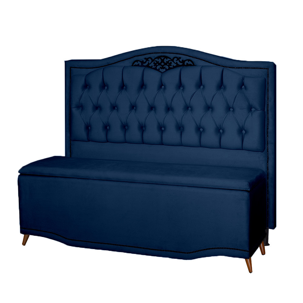 Kit Cabeceira e Calçadeira Baú Maitê Casal Queen 160cm Veludo Azul Marinho - Montanaris Decor