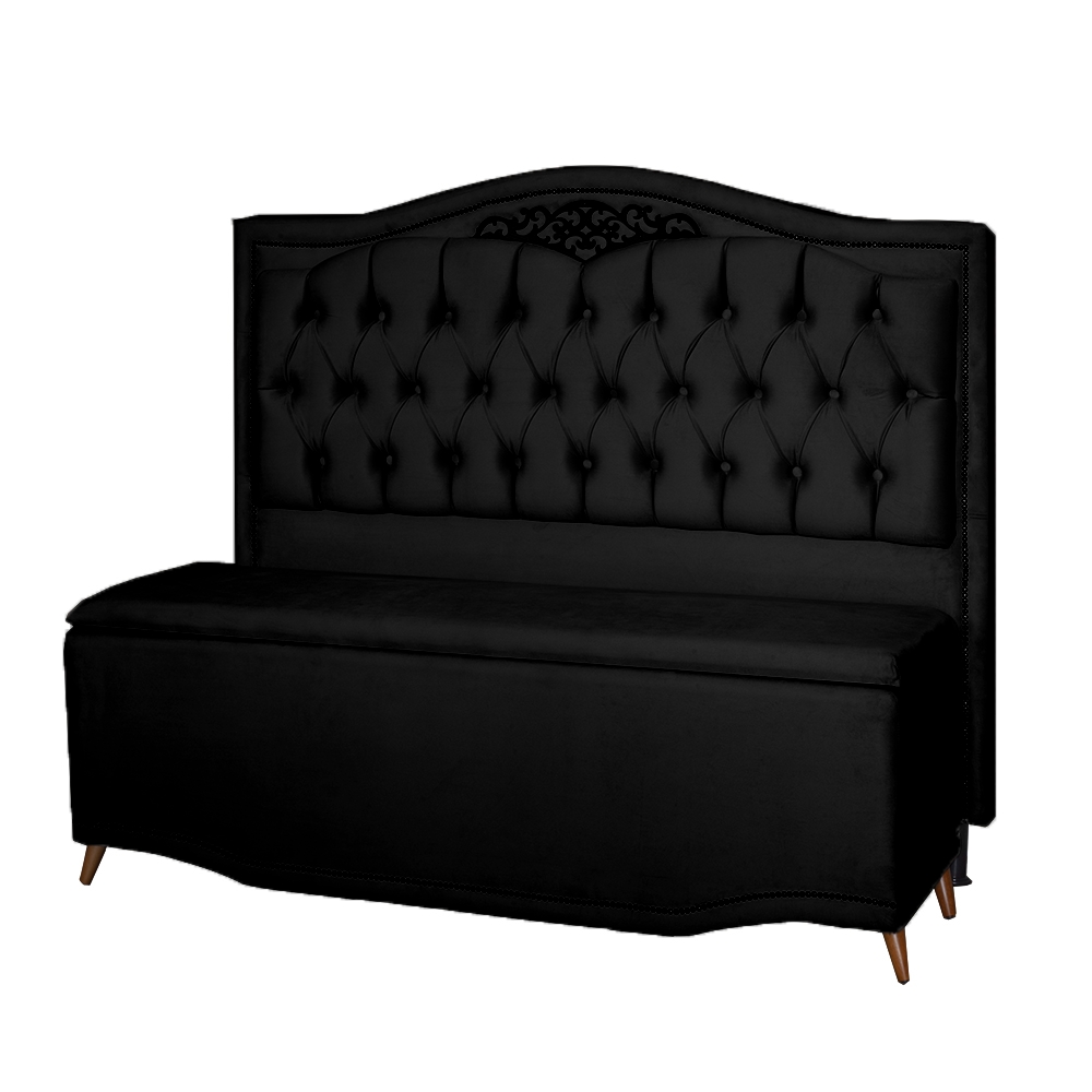 Kit Cabeceira e Calçadeira Baú Maitê Casal Queen 160cm Veludo Preto - Montanaris Decor