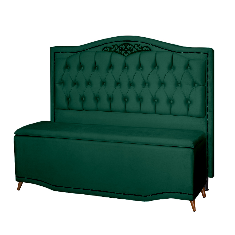 Kit Cabeceira e Calçadeira Baú Maitê Casal Queen 160cm Veludo Verde - Montanaris Decor