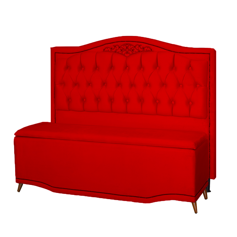 Kit Cabeceira e Calçadeira Baú Maitê Casal Queen 160cm Veludo Vermelho - Montanaris Decor