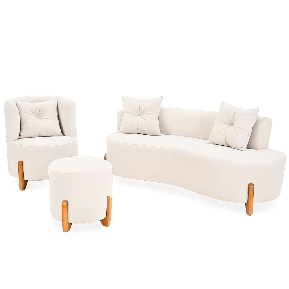 Kit Decorativo Sofá Curvo Orgânico + 01 Puff e Poltrona Luna Boucle Branco - Montanaris Decor