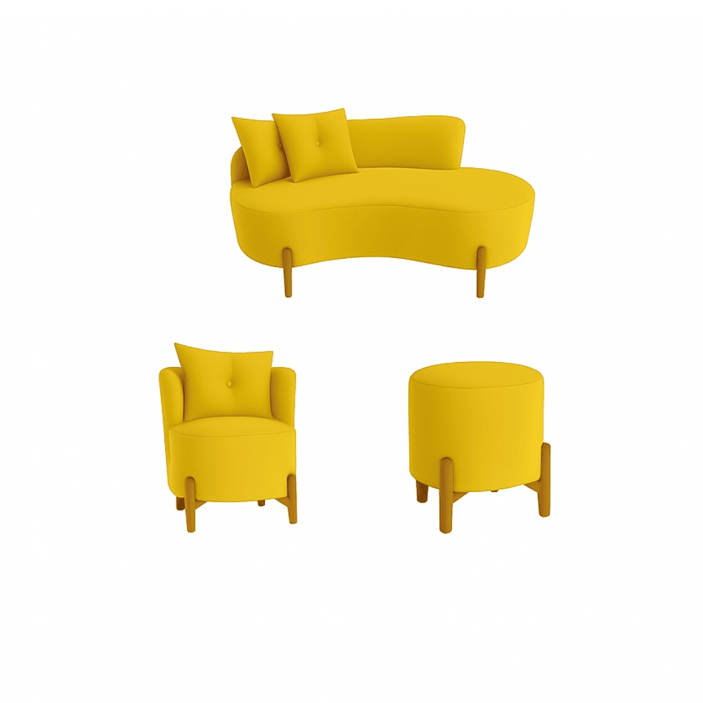 Kit Decorativo Sofá Curvo Orgânico + 01 Puff e Poltrona Luna Veludo Amarelo - Montanaris Decor