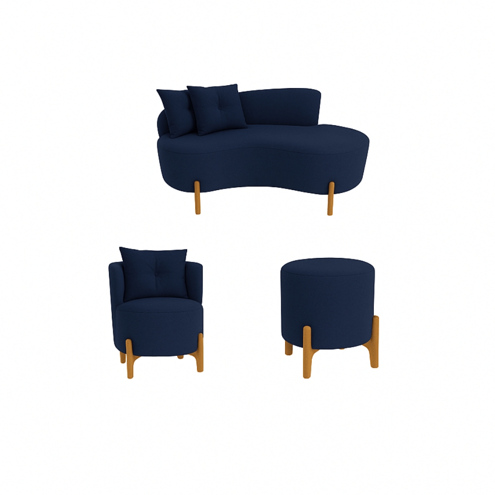 Kit Decorativo Sofá Curvo Orgânico + 01 Puff e Poltrona Luna Veludo Azul Marinho - Montanaris Decor