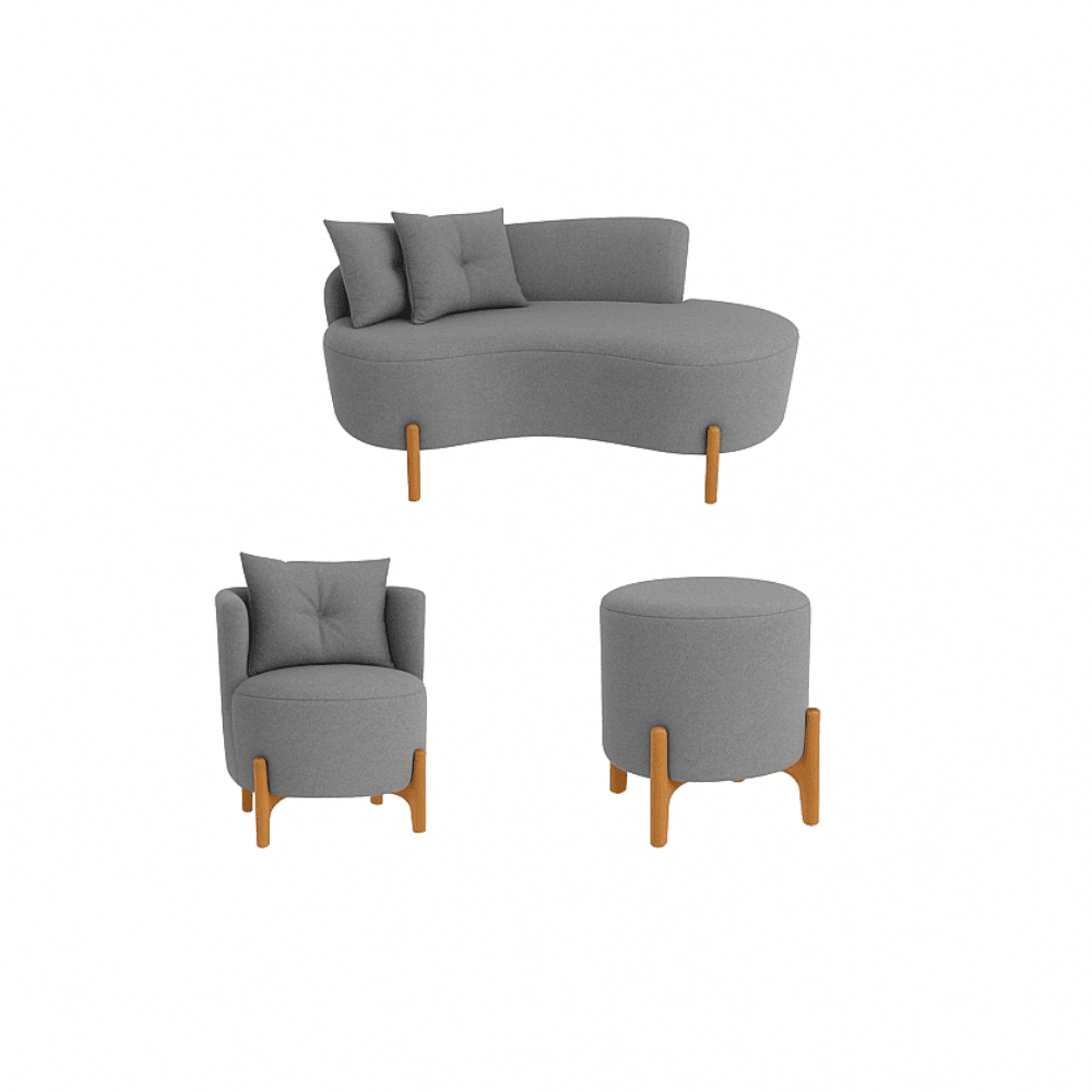 Kit Decorativo Sofá Curvo Orgânico + 01 Puff e Poltrona Luna Veludo Cinza - Montanaris Decor