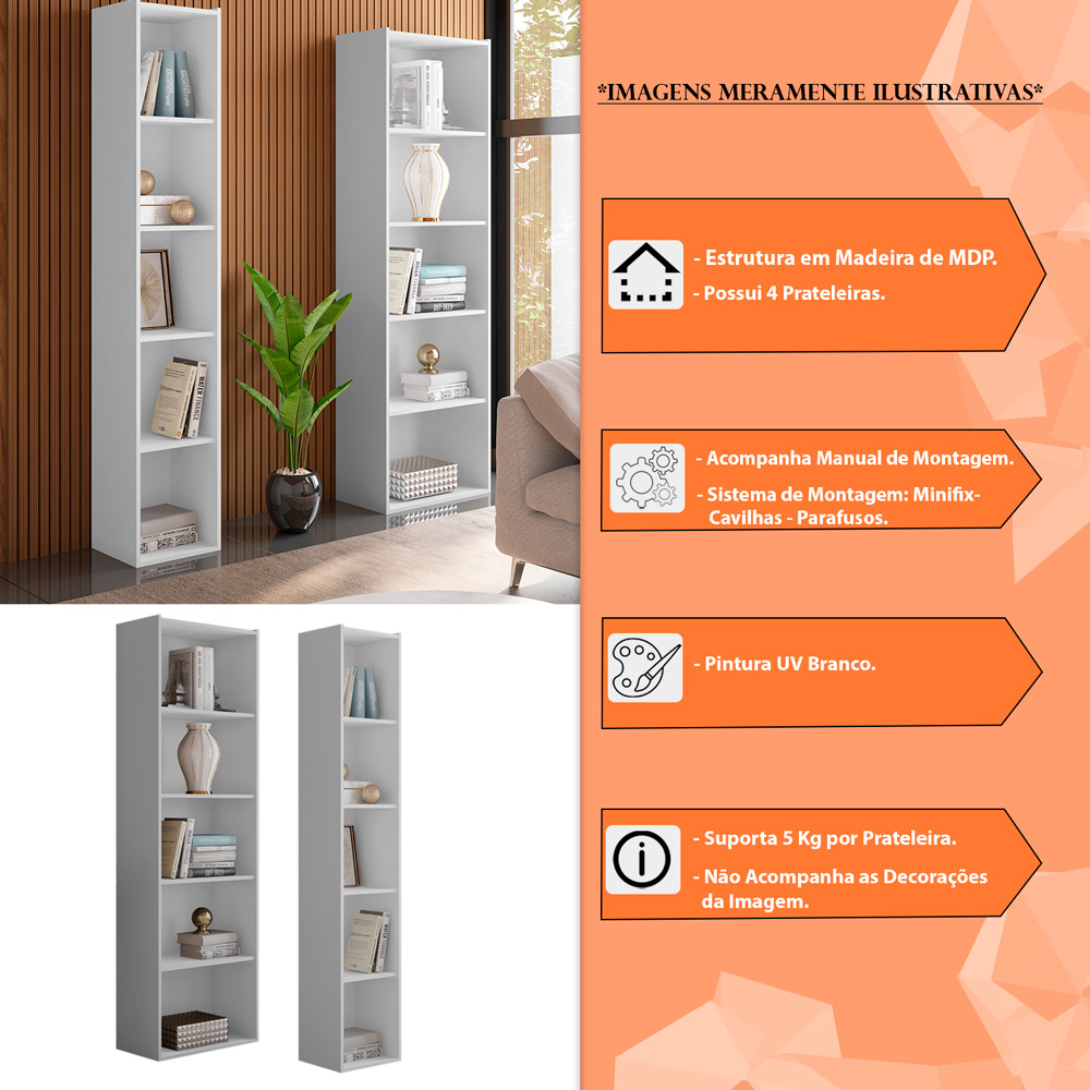 Kit Livreiro para Home Office de 60cm e 33 cm Julia Branco - Montanaris Decor