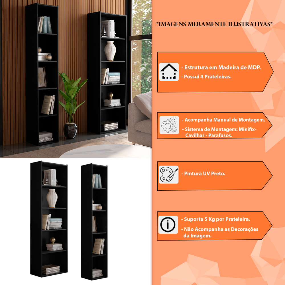 Kit Livreiro para Home Office de 60cm e 33 cm Julia Preto - Montanaris Decor
