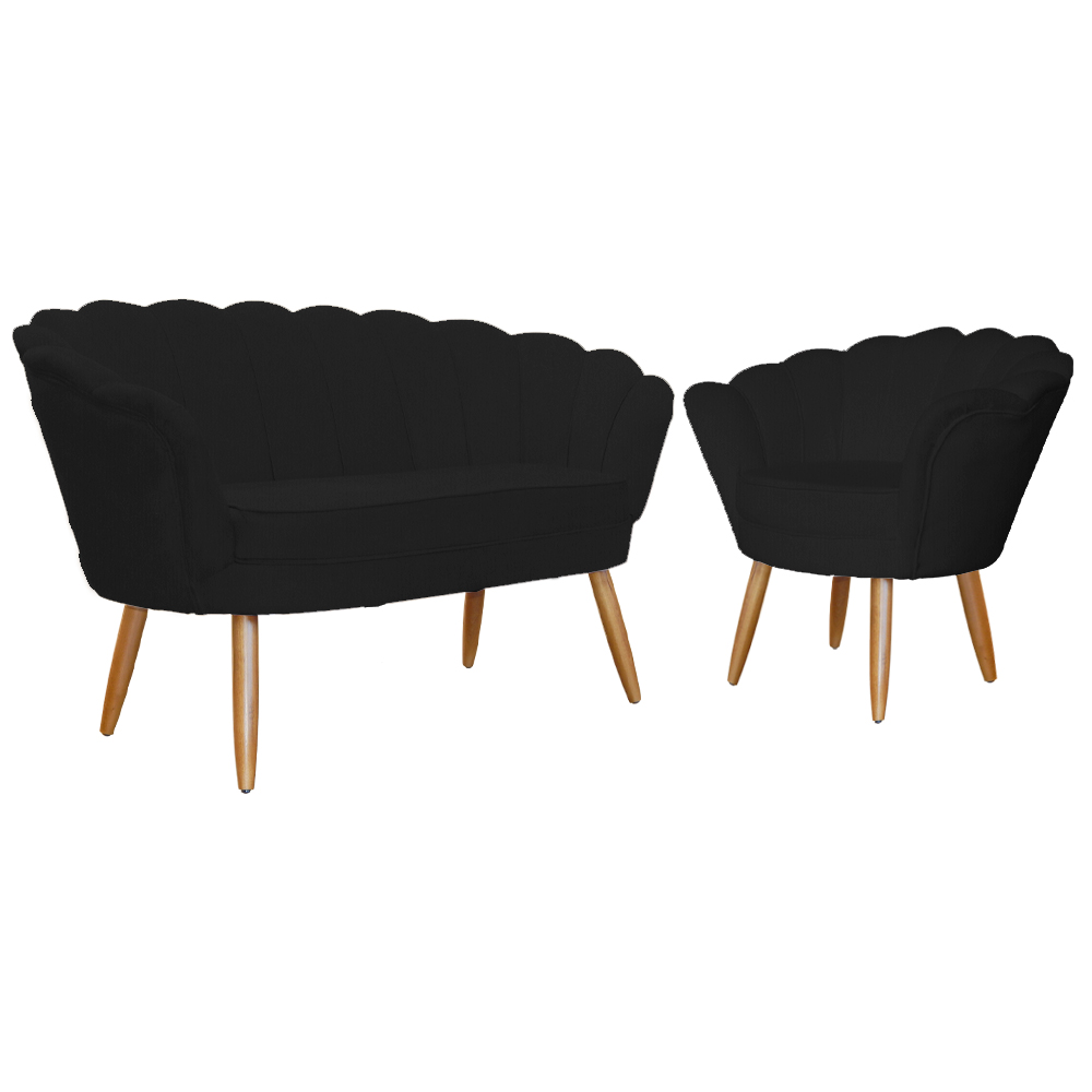 Kit Namoradeira e 1 Poltrona Pétala Decorativa Veludo Preto - Montanaris Decor