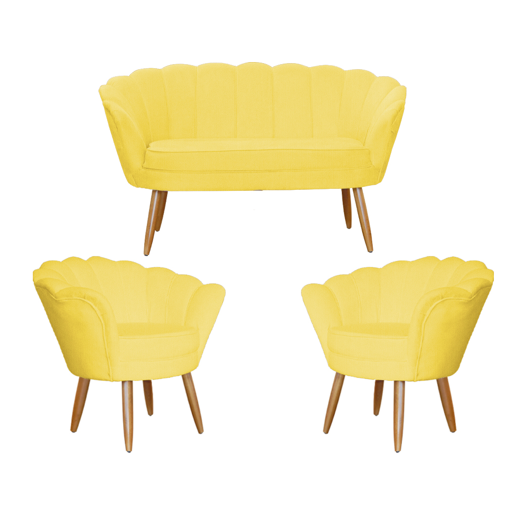 Kit Namoradeira e 2 Poltronas Pétala Decorativa Veludo Amarelo - Montanaris Decor