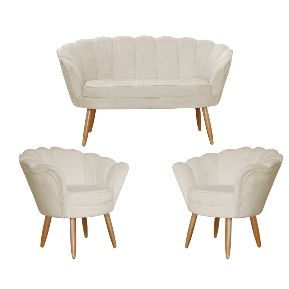 Kit Namoradeira e 2 Poltronas Pétala Decorativa Veludo Bege - Montanaris Decor