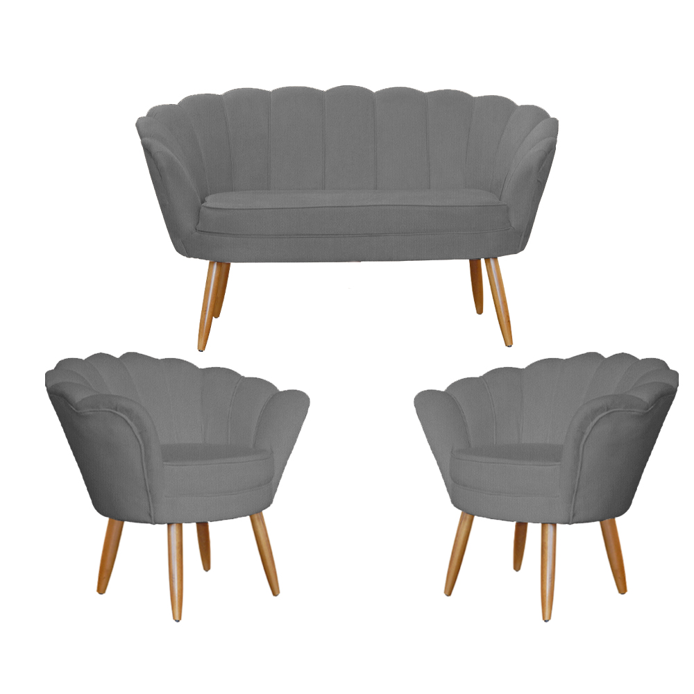 Kit Namoradeira e 2 Poltronas Pétala Decorativa Veludo Cinza - Montanaris Decor