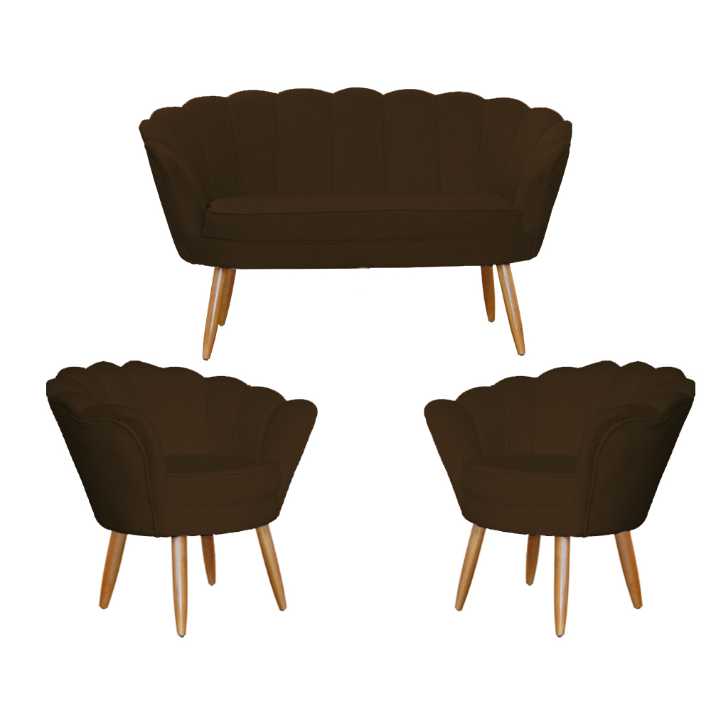 Kit Namoradeira e 2 Poltronas Pétala Decorativa Veludo Marrom  - Montanaris Decor