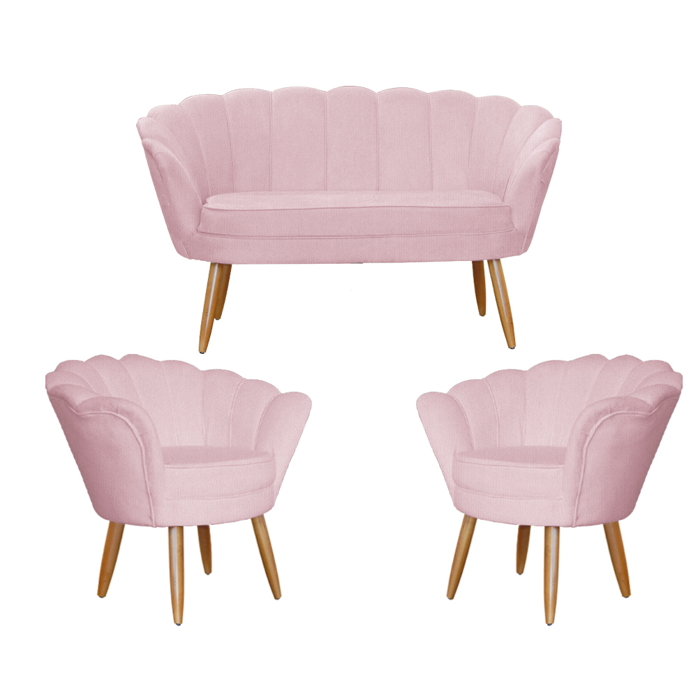 Kit Namoradeira e 2 Poltronas Pétala Decorativa Veludo Rosa - Montanaris Decor