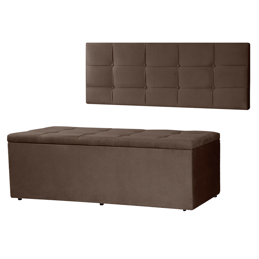 Kit Painel e Calçadeira Baú Roma Casal Queen 160cm Suede Marrom - Montanaris Decor