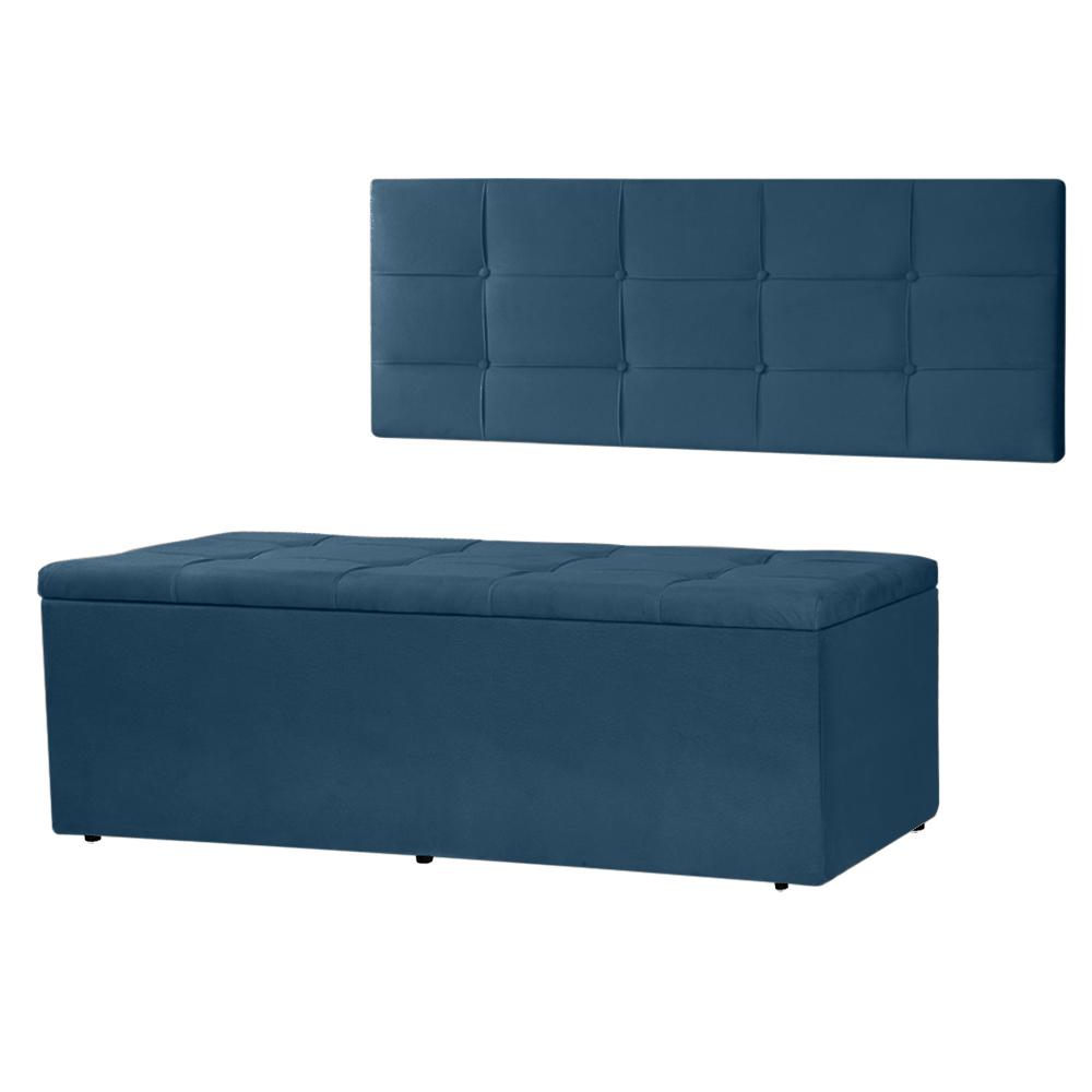 Kit Painel e Calçadeira Baú Roma Solteiro 90cm Suede Azul - Montanaris Decor