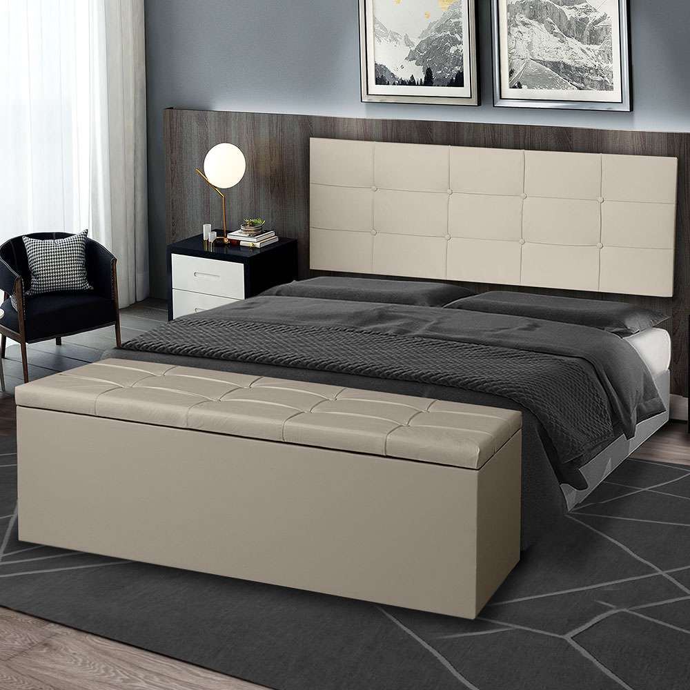 Kit Painel e Calçadeira Baú Roma Solteiro 90cm Suede Bege - Montanaris Decor