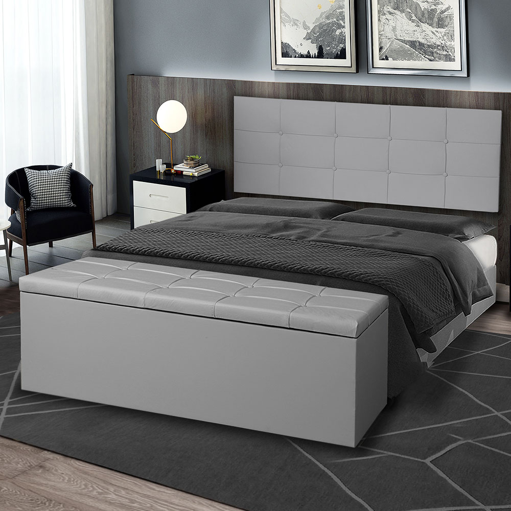 Kit Painel e Calçadeira Baú Roma Solteiro 90cm Suede Cinza - Montanaris Decor