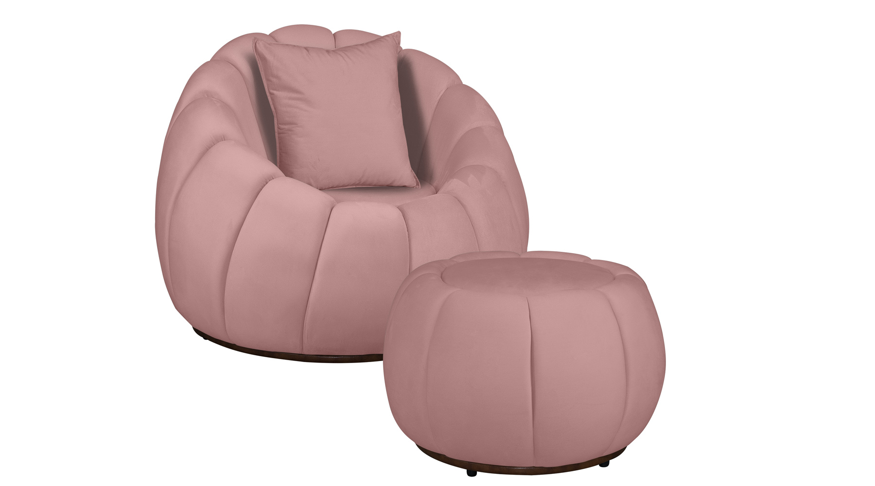 Kit Poltrona Decorativa C/Puff e Almofada  Concha Veludo Rosa - Montanaris Decor