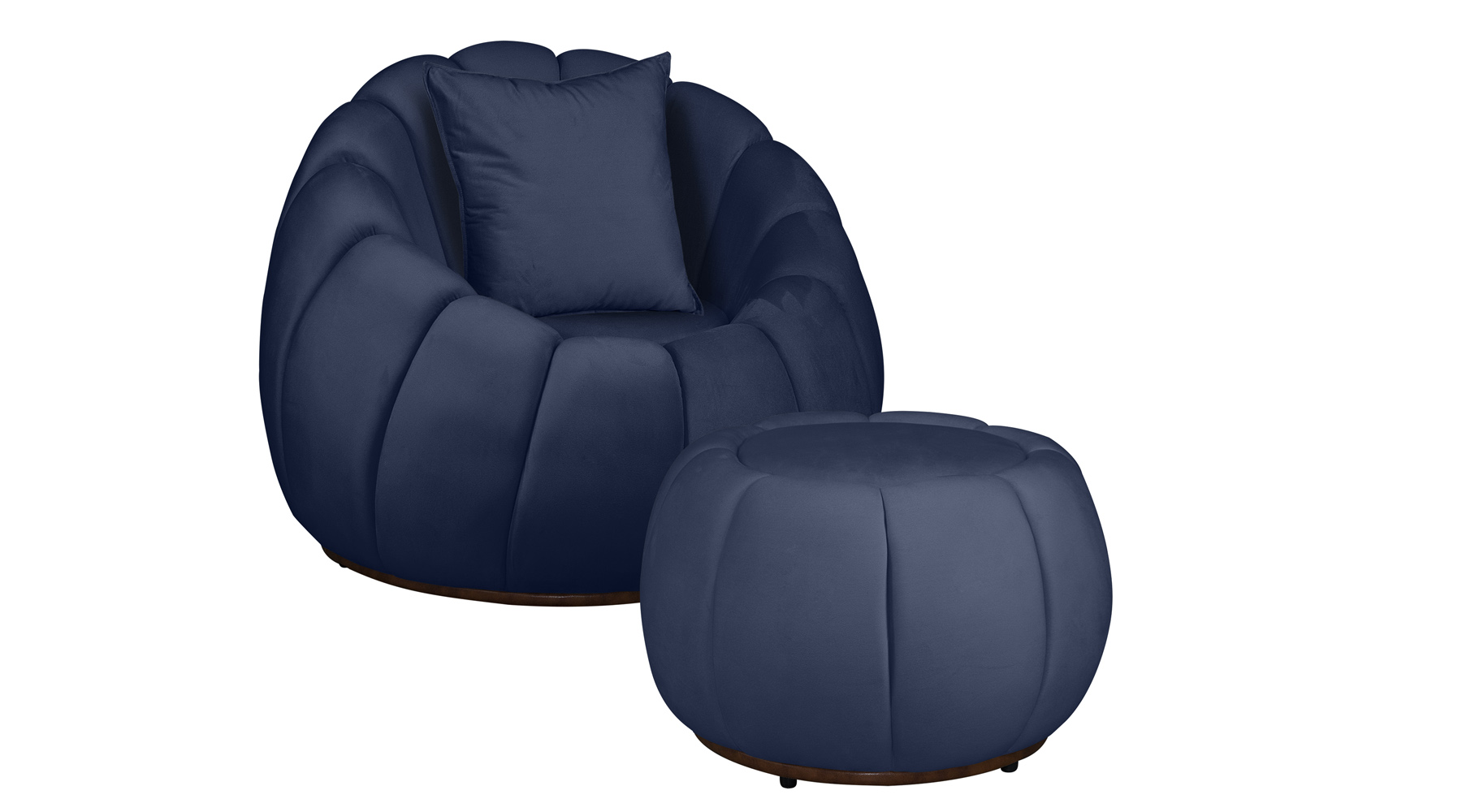 Kit Poltrona Decorativa C/Puff e Almofada Concha Veludo Azul Marinho - Montanaris Decor