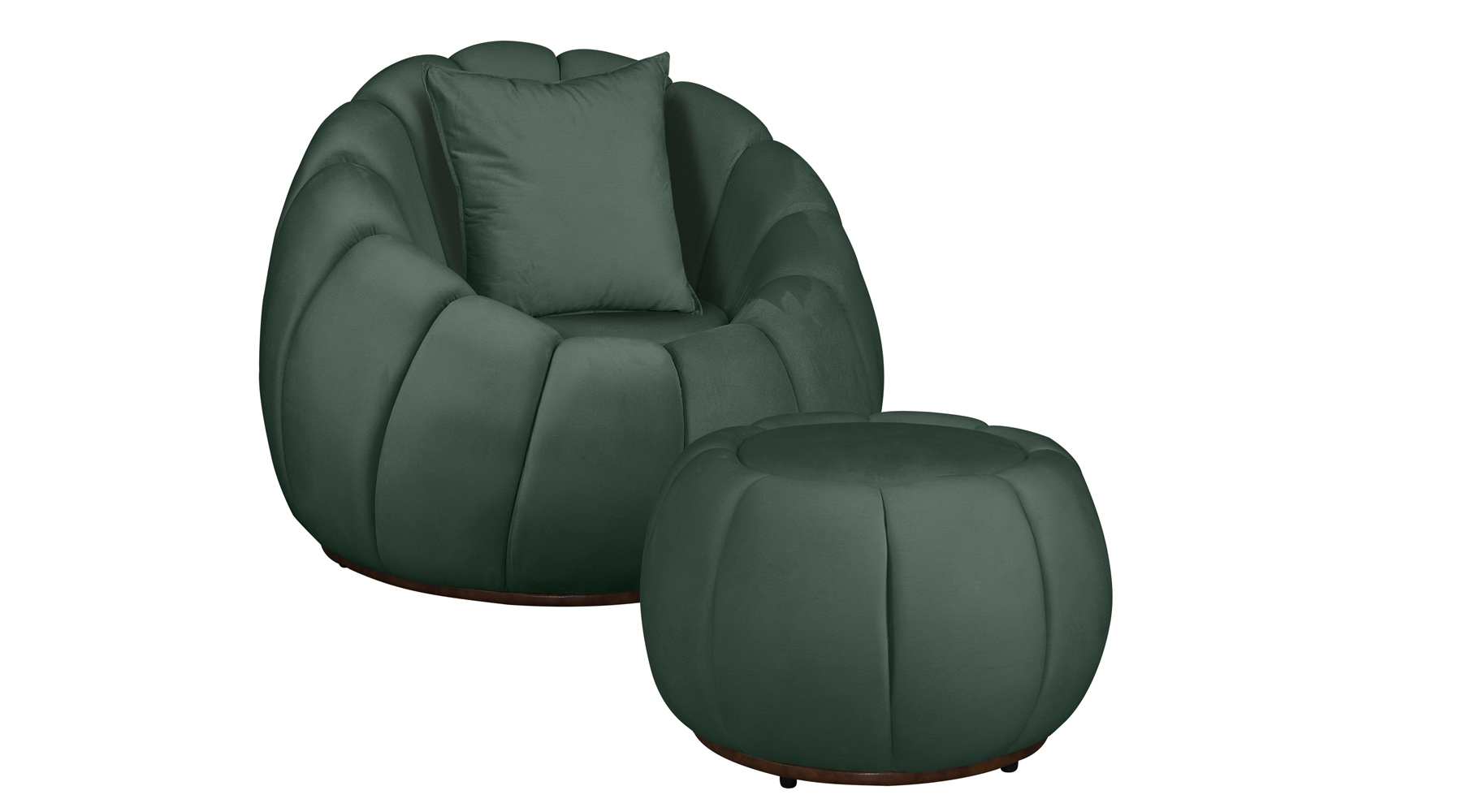 Kit Poltrona Decorativa C/Puff e Almofada Concha Veludo Verde  - Montanaris Decor