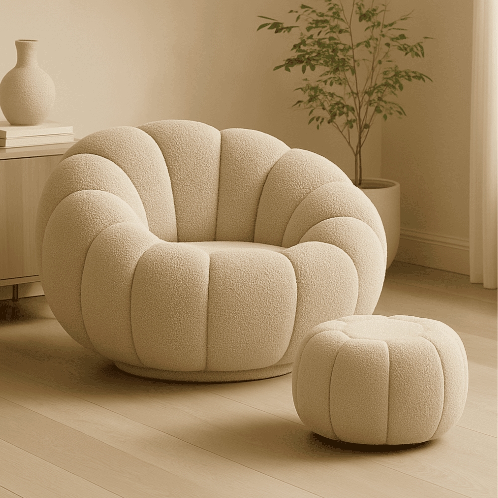 Kit Poltrona Decorativa Concha C/Almofada e Puff Boucle Bege Abobora - Montanaris Decor