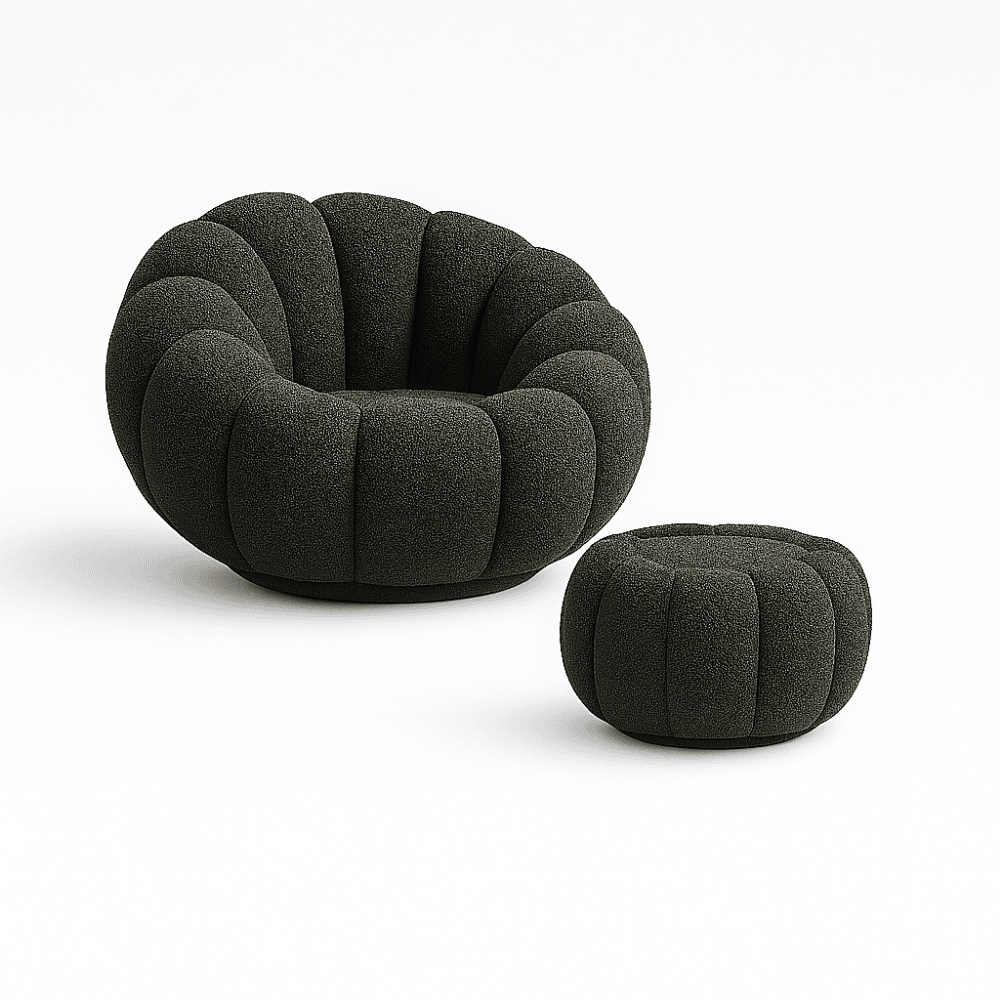 Kit Poltrona Decorativa Concha C/Almofada e Puff Boucle Cinza Escuro Abobora  - Montanaris Decor
