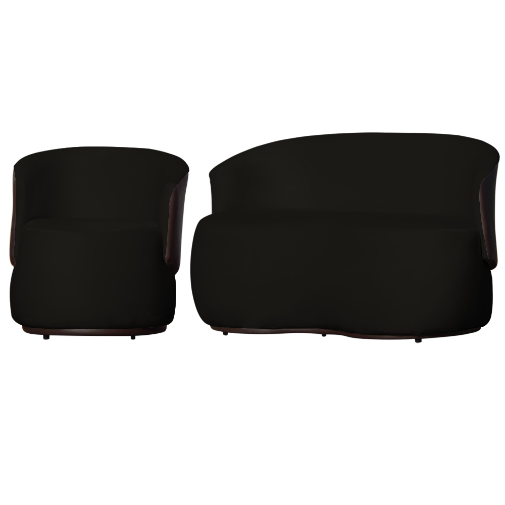 Kit Poltrona e 1 Namoradeira Orgânica Decorativa Beatriz Veludo Preto/PU Marrom - Montanaris Decor