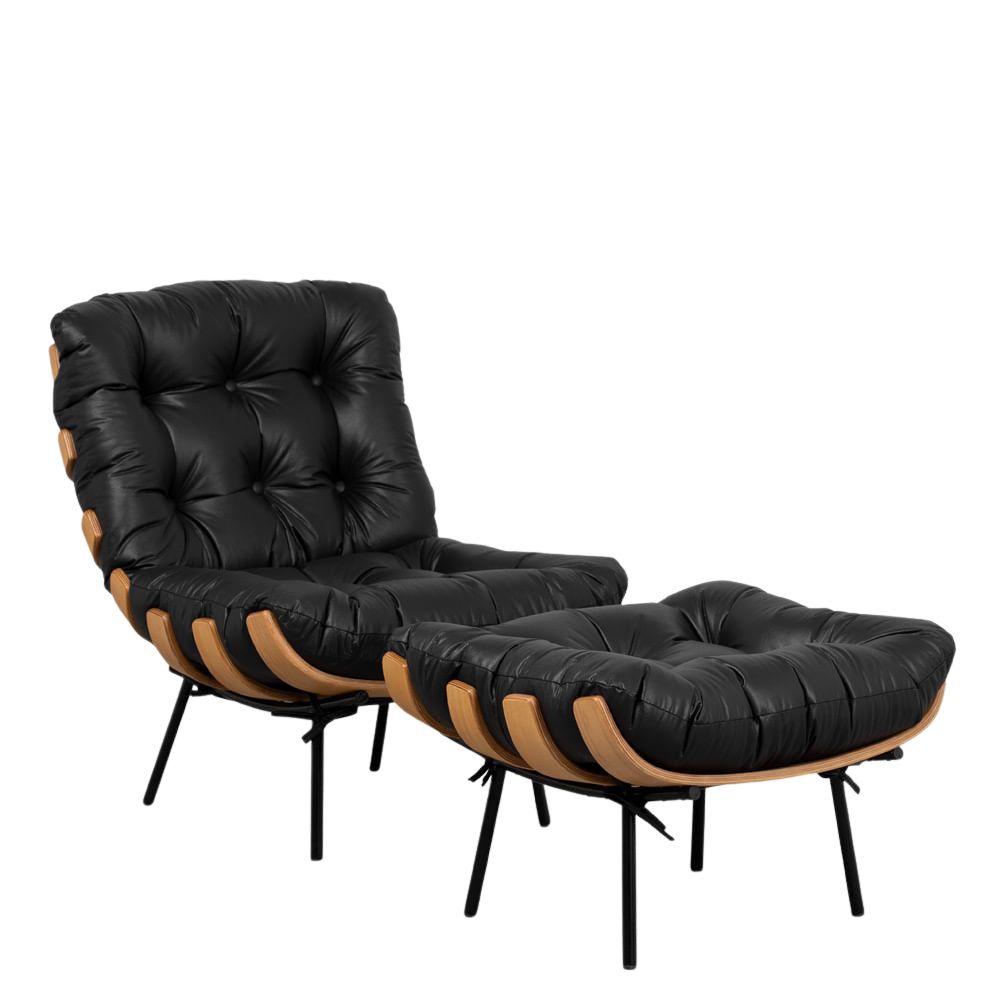 Kit Poltrona e Puff Decorativo Costela Courino Preto - Montanaris Decor