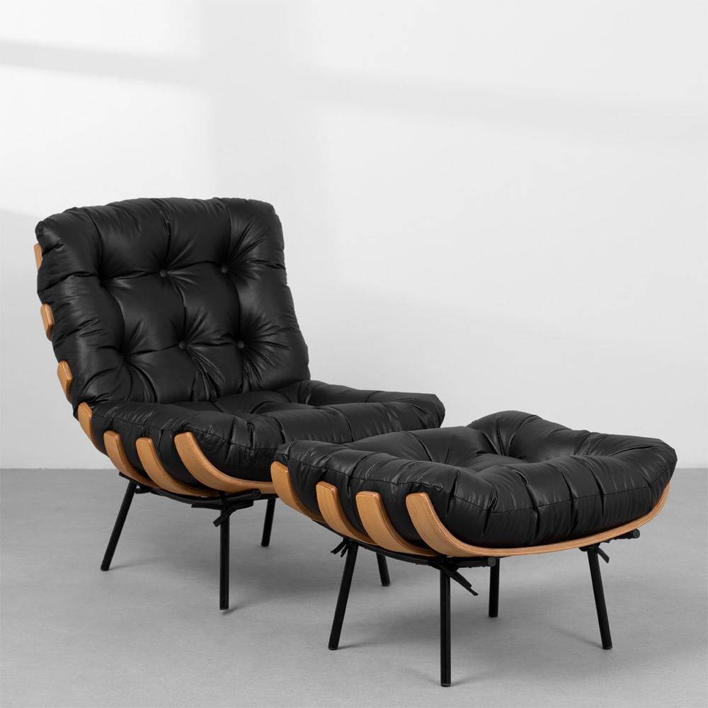 Kit Poltrona e Puff Decorativo Costela Courino Preto - Montanaris Decor