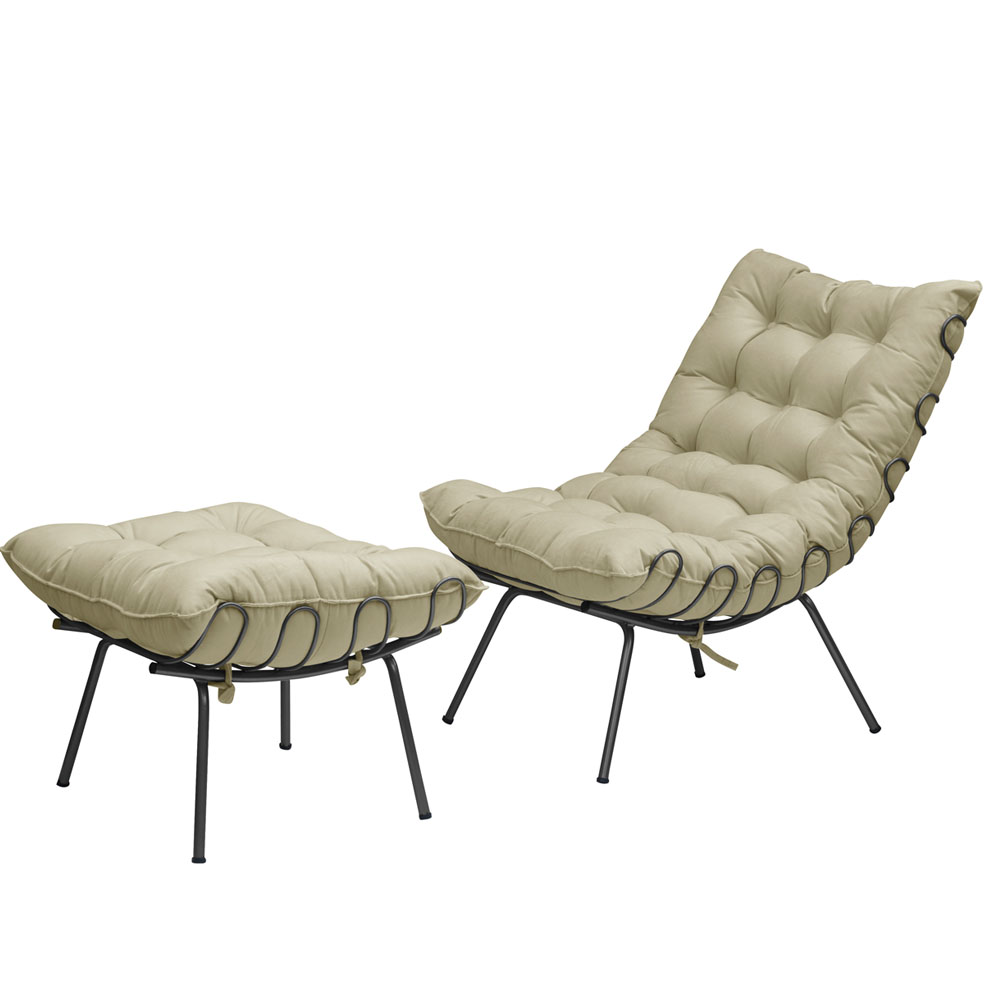 Kit Poltrona e Puff Decorativo Costela Veludo Bege - Montanaris Decor