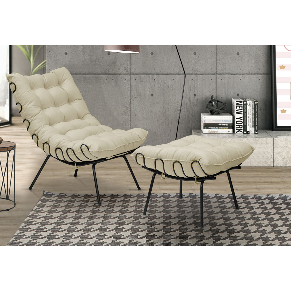 Kit Poltrona e Puff Decorativo Costela Veludo Bege - Montanaris Decor
