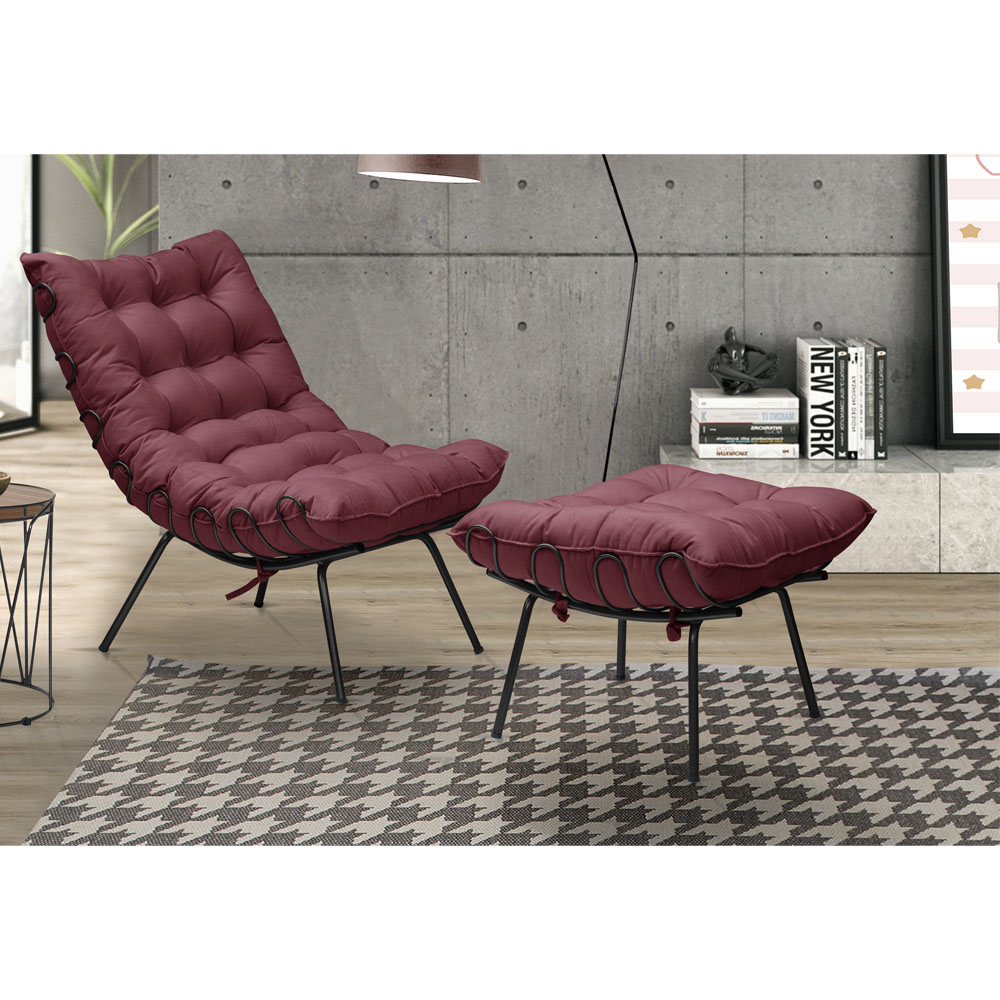 Kit Poltrona e Puff Decorativo Costela Veludo Bordo - Montanaris Decor