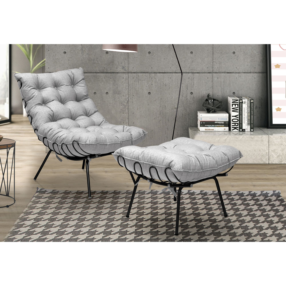 Kit Poltrona e Puff Decorativo Costela Veludo Cinza  - Montanaris Decor