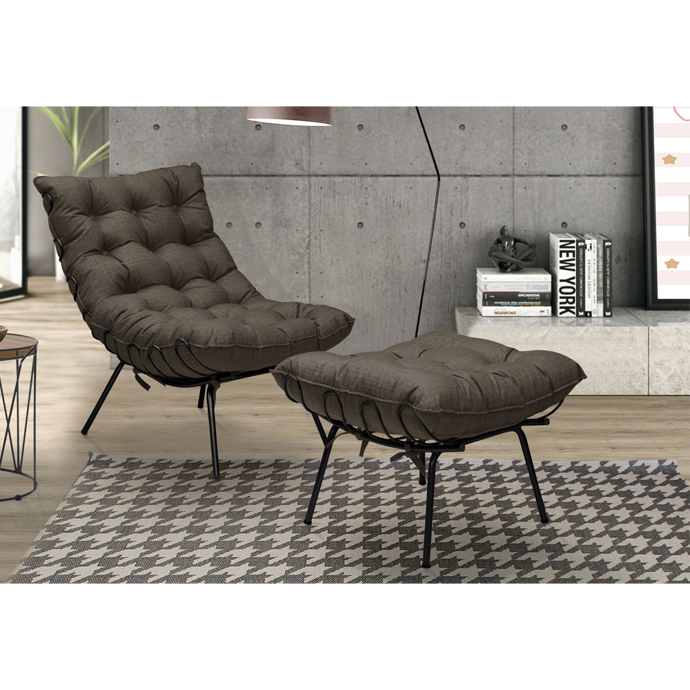 Kit Poltrona e Puff Decorativo Costela Veludo Marrom - Montanaris Decor