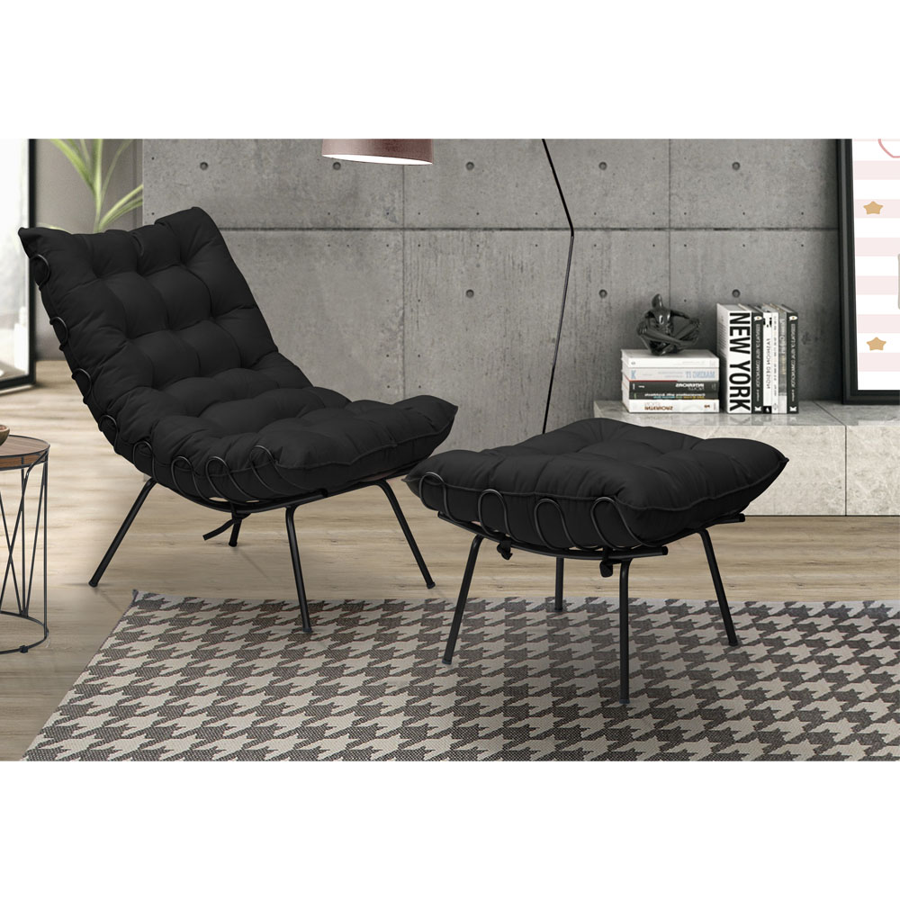 Kit Poltrona e Puff Decorativo Costela Veludo Preto - Montanaris Decor