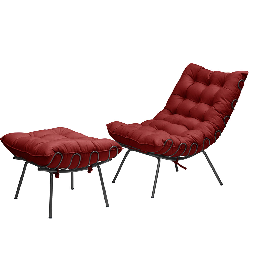 Kit Poltrona e Puff Decorativo Costela Veludo Vermelho  - Montanaris Decor